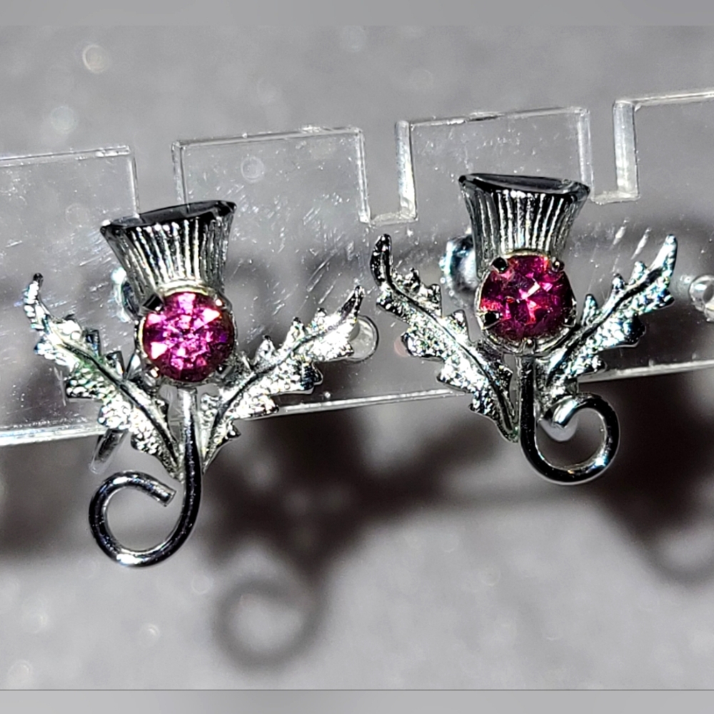 Vintage Ward Brothers Mizpah Purple Rhinestone Thistle Screw Back Earrings